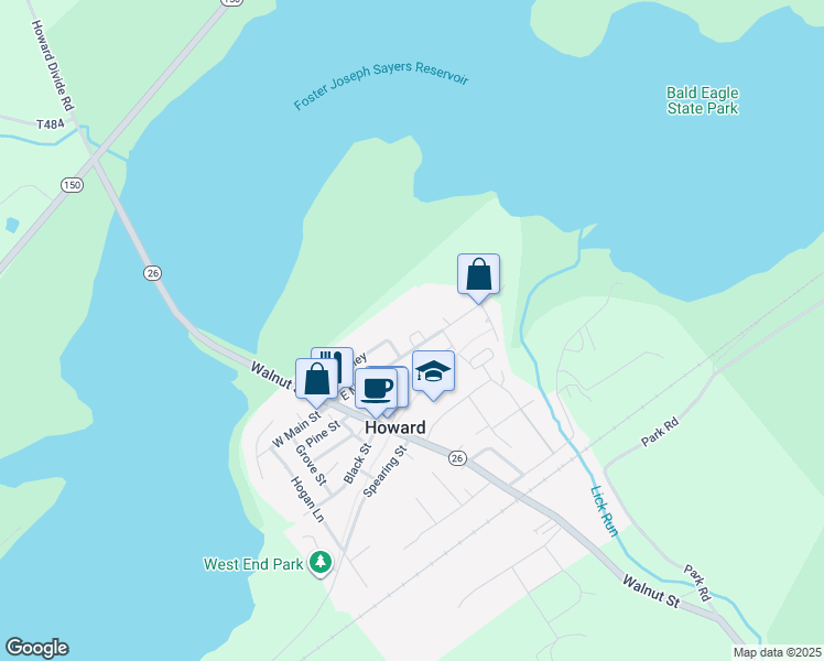 map of restaurants, bars, coffee shops, grocery stores, and more near Kline Alley in Howard