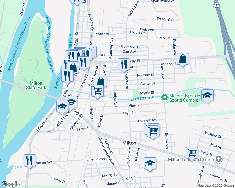 map of restaurants, bars, coffee shops, grocery stores, and more near 133 Ridge Avenue in Milton
