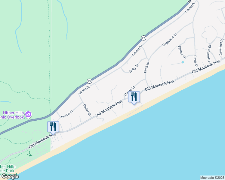 map of restaurants, bars, coffee shops, grocery stores, and more near 19 Elm Lane in Montauk
