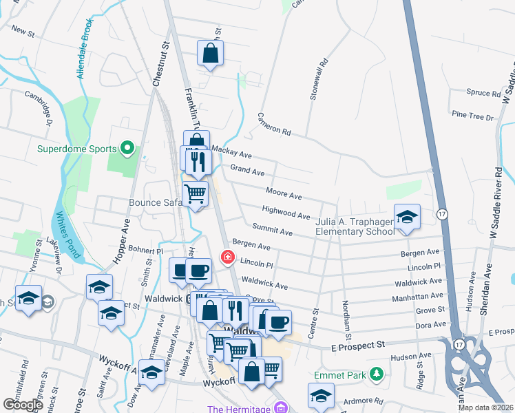map of restaurants, bars, coffee shops, grocery stores, and more near 9 Highwood Avenue in Waldwick