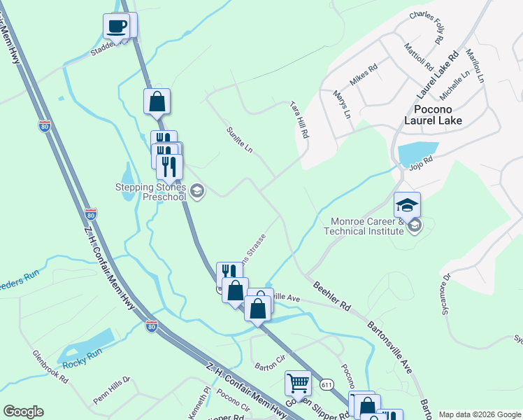 map of restaurants, bars, coffee shops, grocery stores, and more near Beehler Road in Stroudsburg