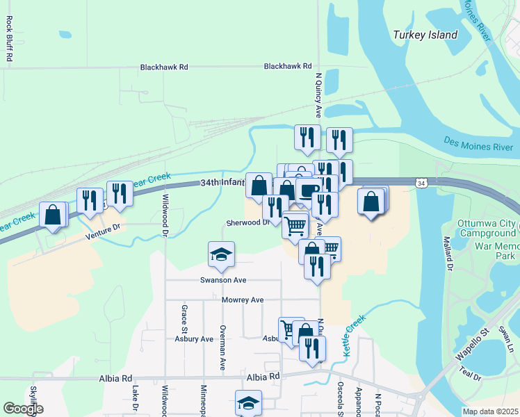 map of restaurants, bars, coffee shops, grocery stores, and more near 1131 North Quincy Avenue in Ottumwa