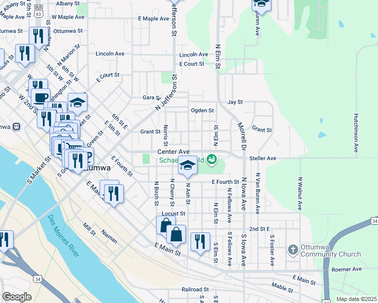map of restaurants, bars, coffee shops, grocery stores, and more near 600 North Ash Street in Ottumwa