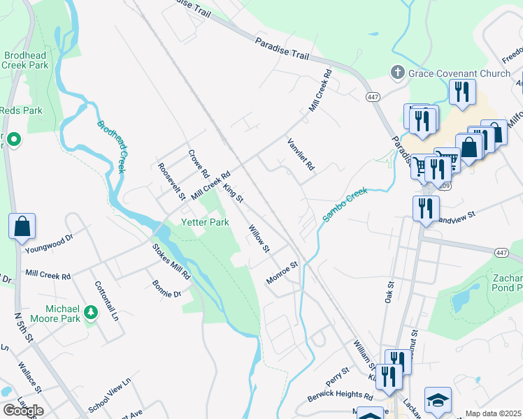 map of restaurants, bars, coffee shops, grocery stores, and more near 424 King St in East Stroudsburg