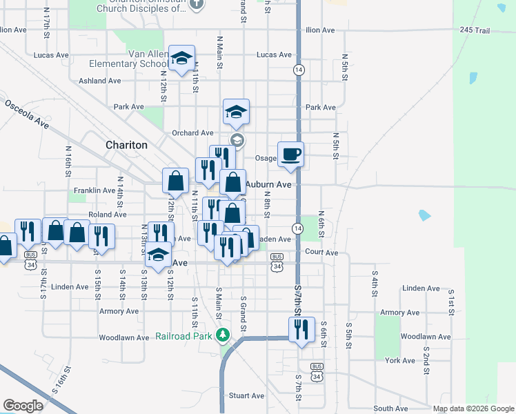 map of restaurants, bars, coffee shops, grocery stores, and more near 325 North 8th Street in Chariton