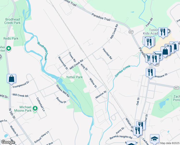 map of restaurants, bars, coffee shops, grocery stores, and more near 106 Madison Avenue in East Stroudsburg