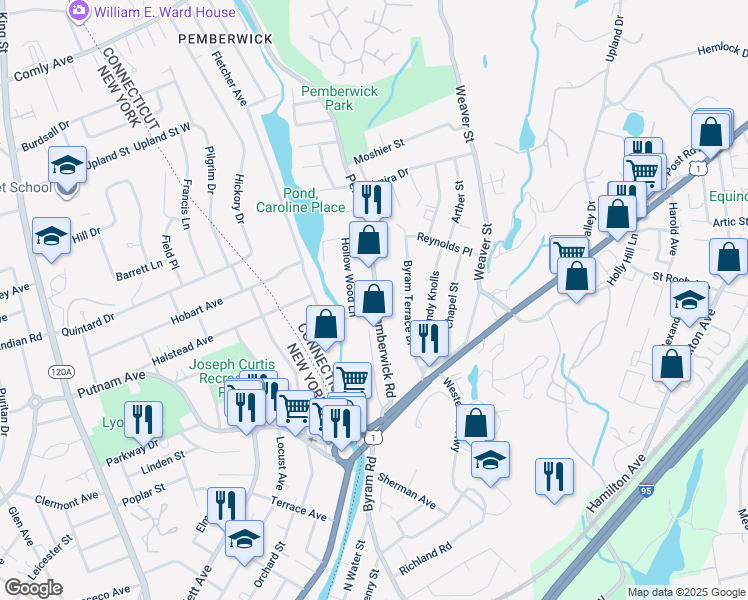 map of restaurants, bars, coffee shops, grocery stores, and more near 51 Pemberwick Road in Greenwich