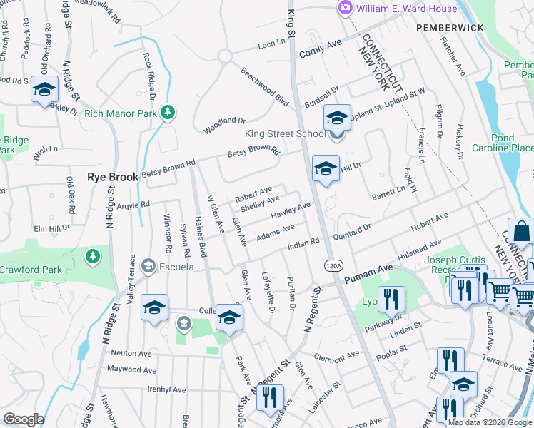 map of restaurants, bars, coffee shops, grocery stores, and more near 85 Shelley Avenue in Port Chester