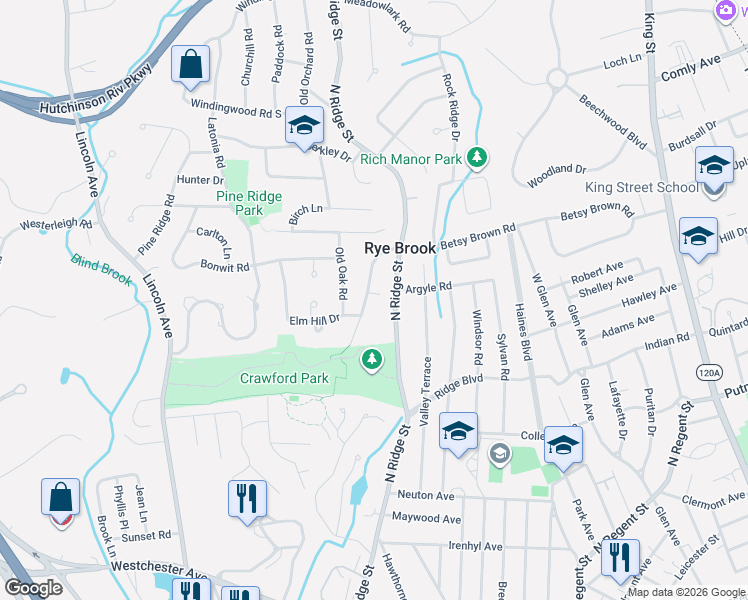 map of restaurants, bars, coffee shops, grocery stores, and more near 317 Betsy Brown Road in Rye Brook