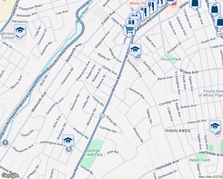 map of restaurants, bars, coffee shops, grocery stores, and more near in White Plains