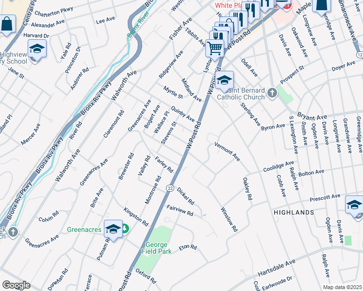 map of restaurants, bars, coffee shops, grocery stores, and more near 33 Van Wart Avenue in White Plains