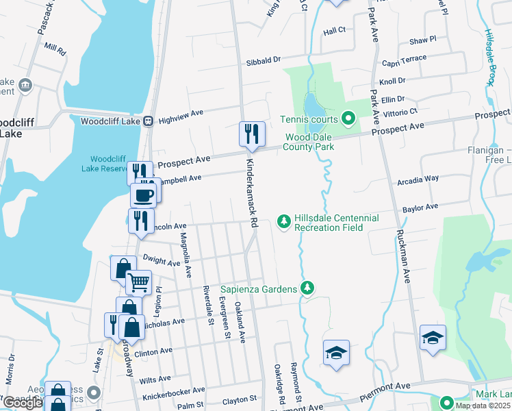 map of restaurants, bars, coffee shops, grocery stores, and more near 20 Kinderkamack Road in Woodcliff Lake