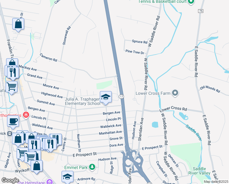 map of restaurants, bars, coffee shops, grocery stores, and more near 10 Stratford Court in Saddle River