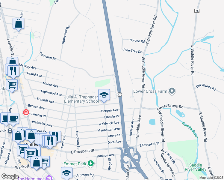 map of restaurants, bars, coffee shops, grocery stores, and more near 10 Stratford Court in Saddle River