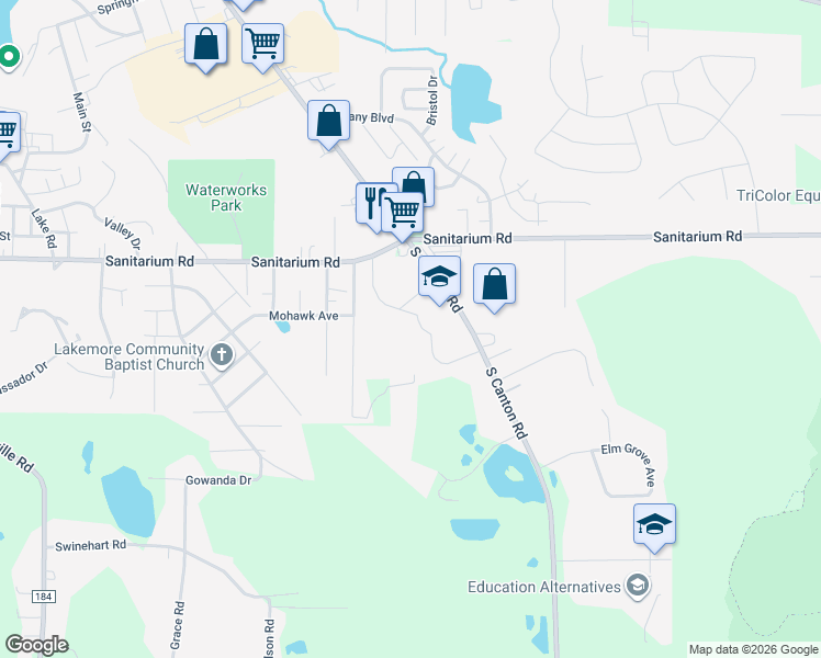 map of restaurants, bars, coffee shops, grocery stores, and more near 2960 Sanitarium Road in Akron