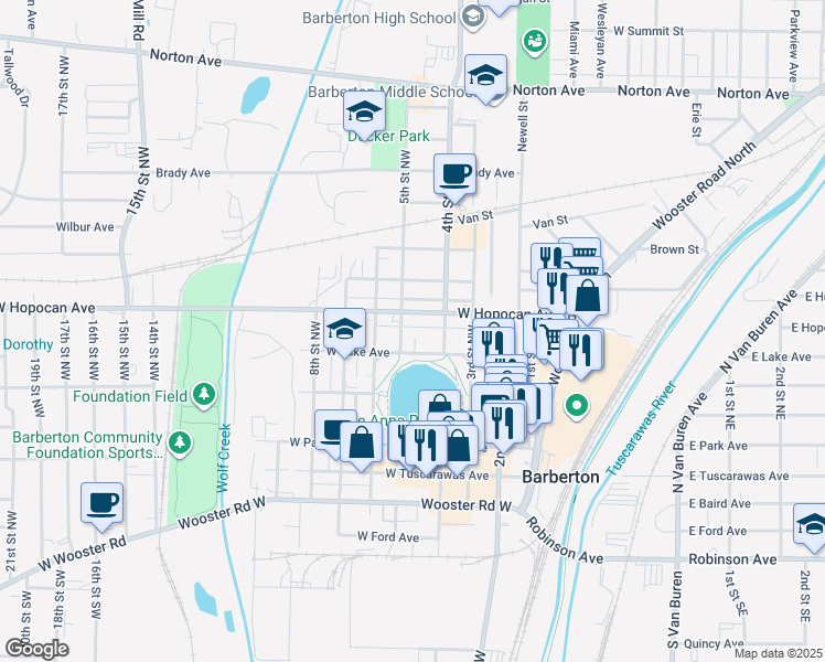 map of restaurants, bars, coffee shops, grocery stores, and more near 570 West Hopocan Avenue in Barberton