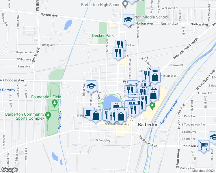 map of restaurants, bars, coffee shops, grocery stores, and more near 570 West Hopocan Avenue in Barberton