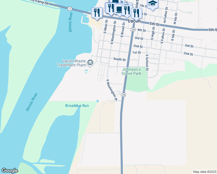 map of restaurants, bars, coffee shops, grocery stores, and more near 718 South Washington Street in Lacon