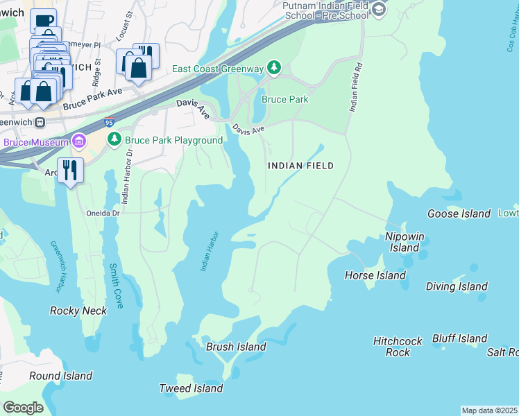 map of restaurants, bars, coffee shops, grocery stores, and more near 22 Indian Chase Drive in Greenwich