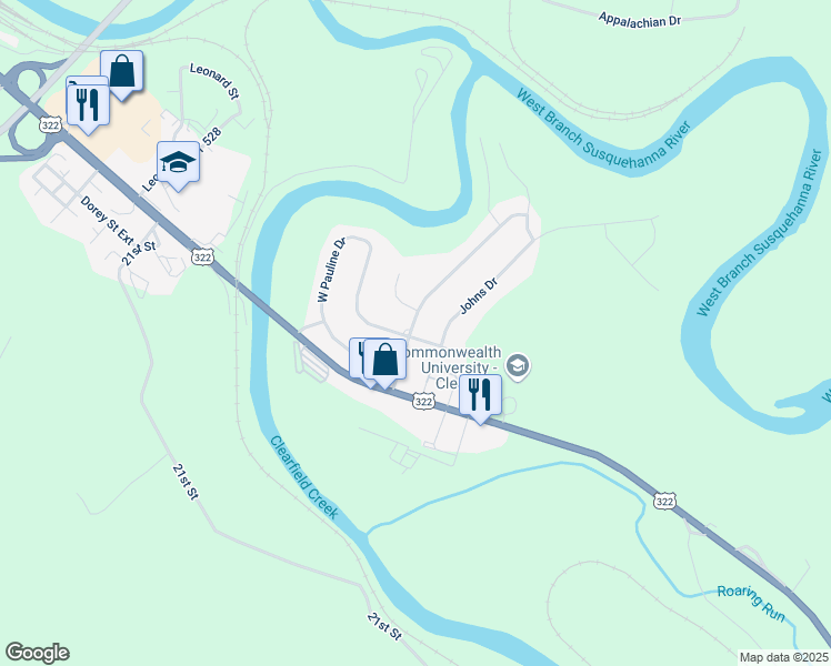 map of restaurants, bars, coffee shops, grocery stores, and more near 302 Meyers Circle in Clearfield