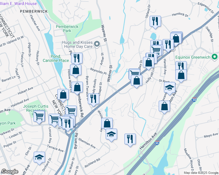 map of restaurants, bars, coffee shops, grocery stores, and more near 19 Weaver Street in Greenwich