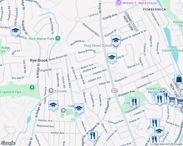 map of restaurants, bars, coffee shops, grocery stores, and more near 80 Hawley Avenue in Port Chester