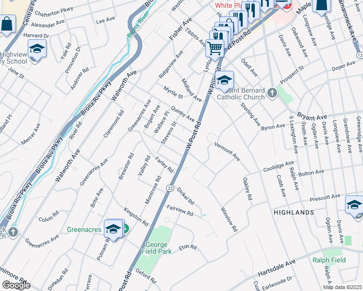 map of restaurants, bars, coffee shops, grocery stores, and more near 33 Van Wart Avenue in White Plains