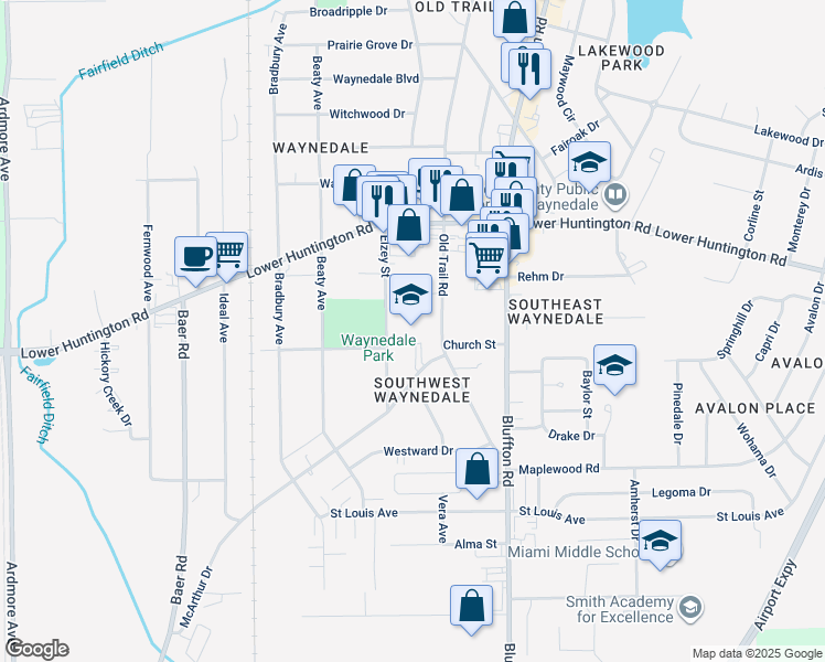 map of restaurants, bars, coffee shops, grocery stores, and more near 7201 Elzey Street in Fort Wayne