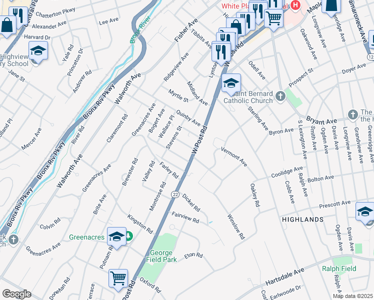 map of restaurants, bars, coffee shops, grocery stores, and more near 33 Van Wart Avenue in White Plains