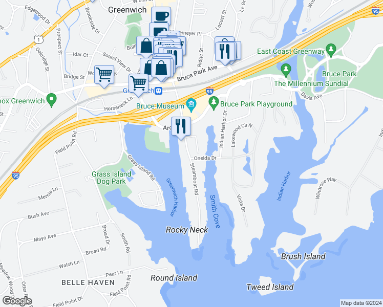 map of restaurants, bars, coffee shops, grocery stores, and more near 559 Steamboat Road in Greenwich