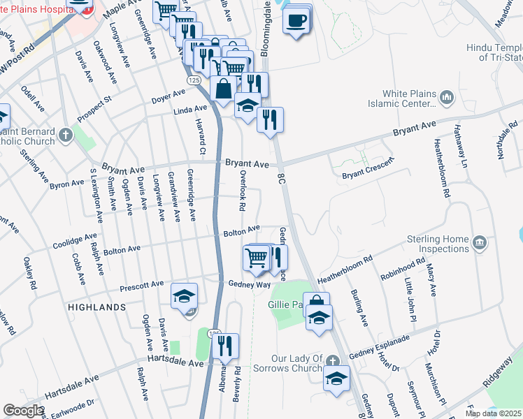 map of restaurants, bars, coffee shops, grocery stores, and more near 98 Pleasant Avenue in White Plains