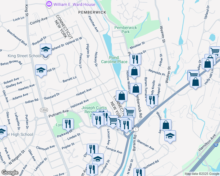 map of restaurants, bars, coffee shops, grocery stores, and more near 179 Hobart Avenue in Greenwich