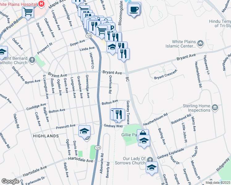 map of restaurants, bars, coffee shops, grocery stores, and more near 98 Pleasant Avenue in White Plains