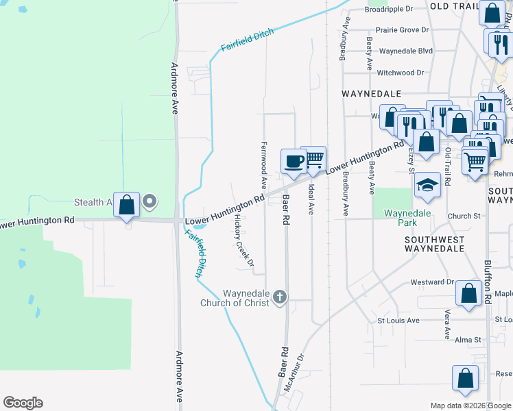 map of restaurants, bars, coffee shops, grocery stores, and more near 3505-3515 Lower Huntington Road in Fort Wayne