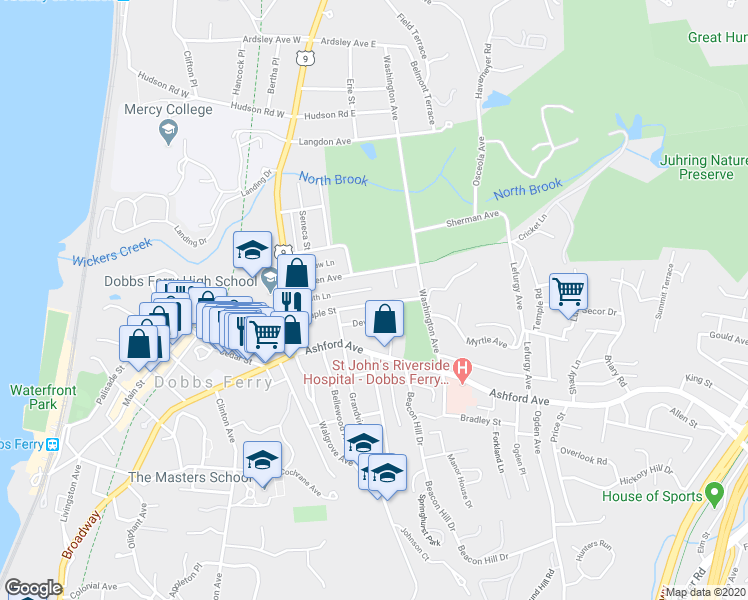 map of restaurants, bars, coffee shops, grocery stores, and more near 79 Maple Street in Dobbs Ferry
