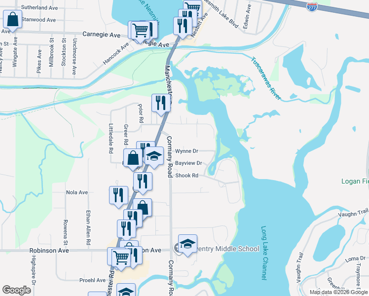 map of restaurants, bars, coffee shops, grocery stores, and more near 681 Wynne Drive in Akron