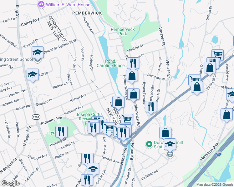 map of restaurants, bars, coffee shops, grocery stores, and more near 129 Halstead Avenue in Greenwich