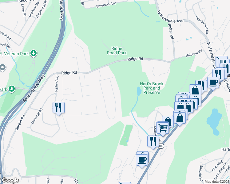 map of restaurants, bars, coffee shops, grocery stores, and more near 54 Birchwood Lane in Hartsdale
