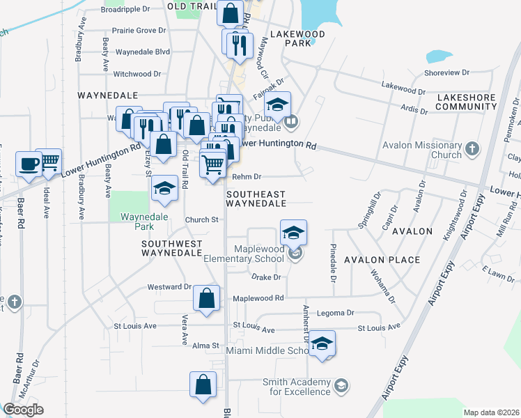 map of restaurants, bars, coffee shops, grocery stores, and more near in Fort Wayne