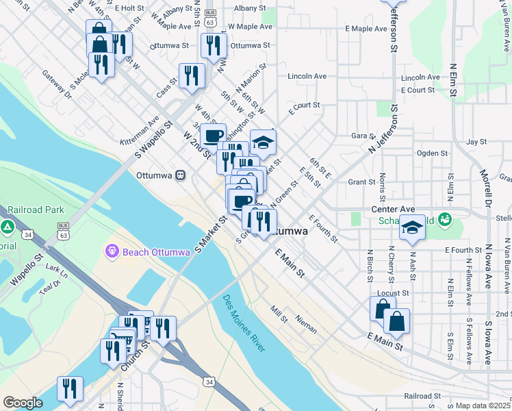 map of restaurants, bars, coffee shops, grocery stores, and more near 222 2nd Street East in Ottumwa