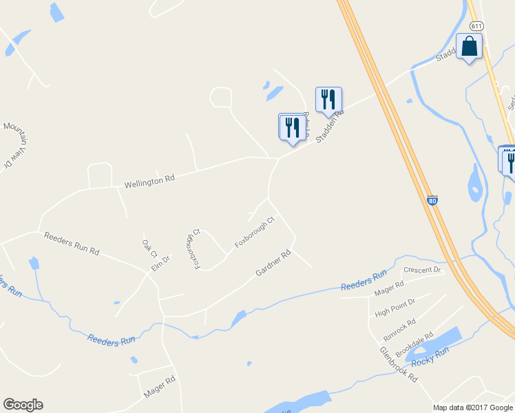 map of restaurants, bars, coffee shops, grocery stores, and more near Lilac Lane in Stroudsburg