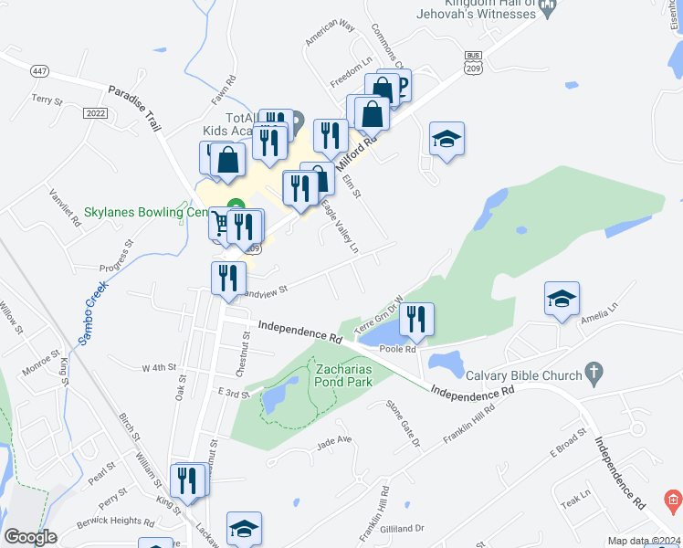 map of restaurants, bars, coffee shops, grocery stores, and more near 72 Grandview Street in East Stroudsburg