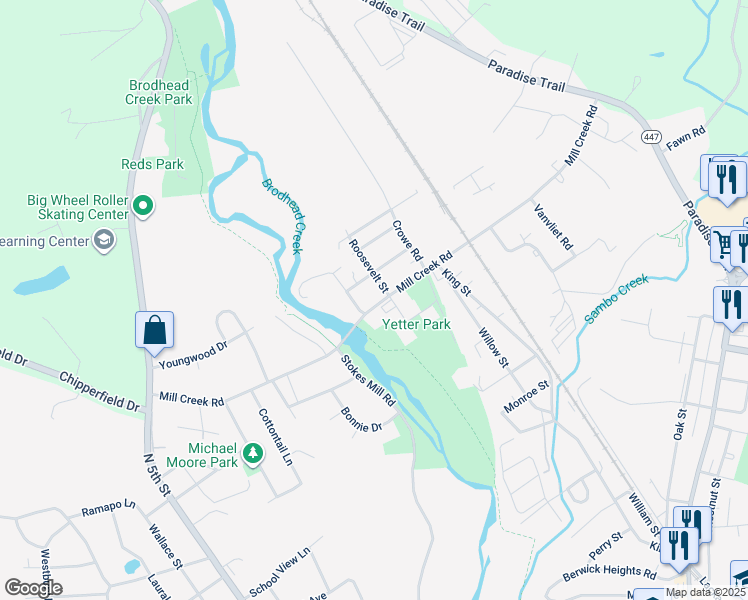 map of restaurants, bars, coffee shops, grocery stores, and more near 242 Mill Creek Road in East Stroudsburg