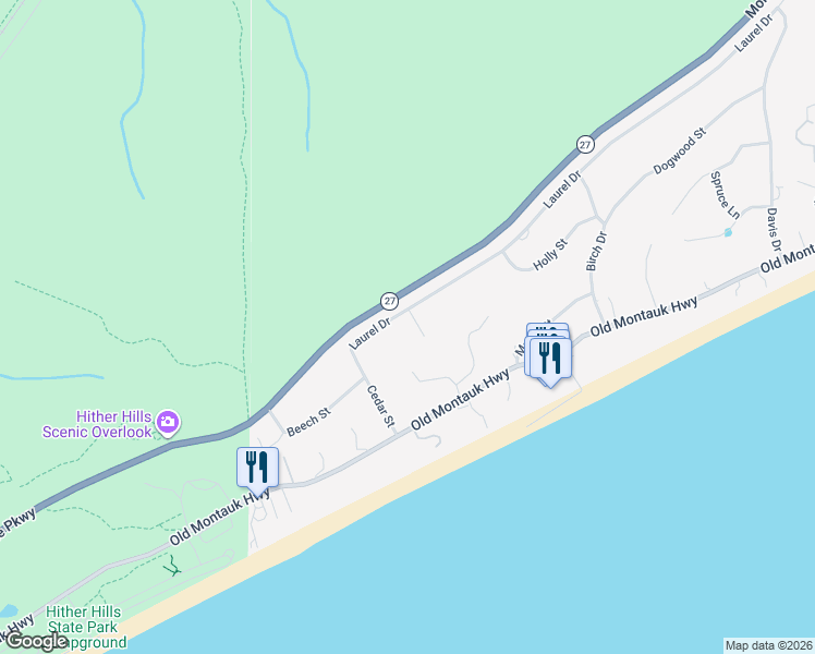 map of restaurants, bars, coffee shops, grocery stores, and more near 14 Laurel Drive in Montauk
