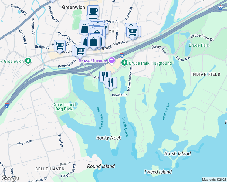 map of restaurants, bars, coffee shops, grocery stores, and more near 559 Steamboat Road in Greenwich