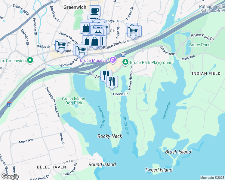map of restaurants, bars, coffee shops, grocery stores, and more near 559 Steamboat Road in Greenwich