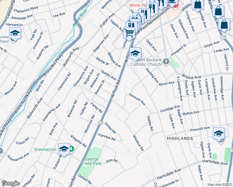 map of restaurants, bars, coffee shops, grocery stores, and more near in White Plains