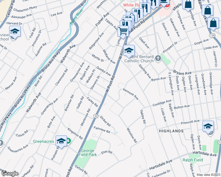 map of restaurants, bars, coffee shops, grocery stores, and more near in White Plains