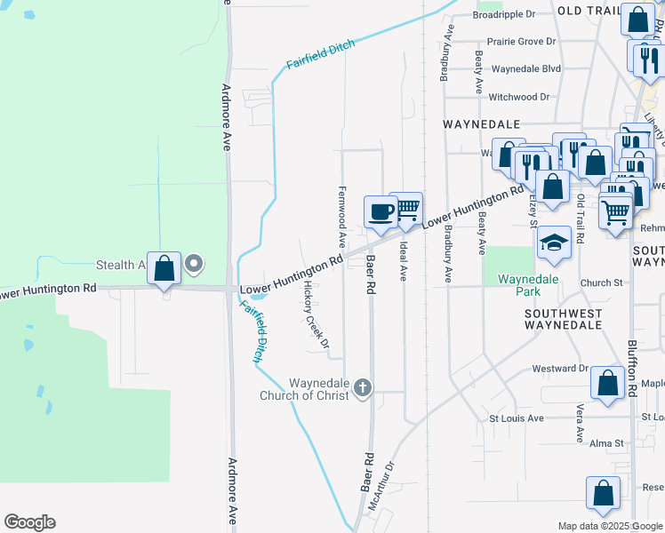map of restaurants, bars, coffee shops, grocery stores, and more near 3505-3515 Lower Huntington Road in Fort Wayne
