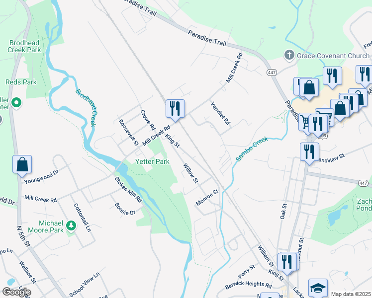 map of restaurants, bars, coffee shops, grocery stores, and more near 424 King Street in East Stroudsburg